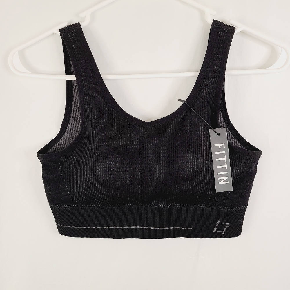 Fittin Black Ribbed Sports Bra Size Large